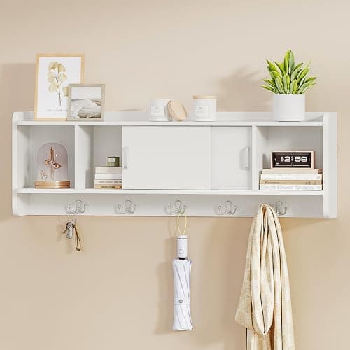 Image of Hzuaneri Coat Hooks Wall Mounted, Coat Rack with Shelf, 4 Storage Compartment, 5 Hooks, Multifunctional Wall Rack with Sliding Door for Hallway, Bedroom, Living Room, 15 x 101 x 33 cm, White LCR60303X