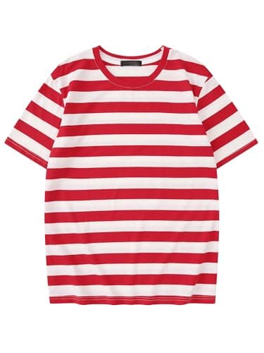 Image of Lars Amadeus Striped T-Shirt for Men's Stripes Short Sleeve Tee Top Crew Neck Casual t Shirt Red White L