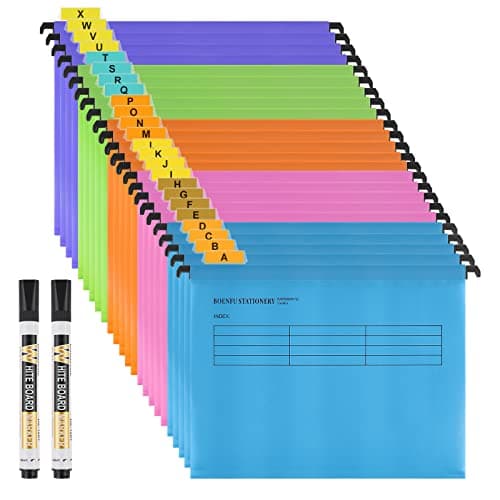 Image of A4 Suspension Files,BOENFU 24 Pack Polypropylene for Suspension Files A4 Filing Cabinets with Tabs,Card Inserts and Erasable Pen for School Home Work Office Organization (24 Pack,5 Colors)
