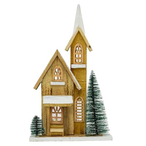 Image of Carousel Home LED Wooden Christmas Church with Bottle Brush Trees | Light-Up Nordic Village Ornament | Rustic Timer-Operated Christmas Decoration - 42cm