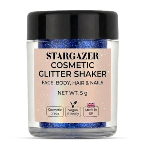 Image of Stargazer Glitter Shaker, Royal Blue. Cosmetic glitter powder for use on the eyes, lips, face, body, hair and nails.