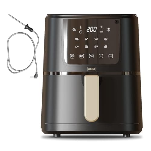 Image of Cello 4 Litre 1400W Digital Air Fryer in Black with In-Built ProChef Food Thermometer 8 Presets, Grill, Roast, Bake, Recipes included, Non-Stick, Touch Control, Compact, Dishwasher Proof