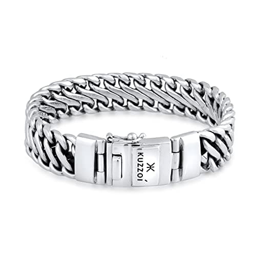 Image of Kuzzoi Buddha silver bracelet for men, handmade curb bracelet made of genuine, solid 925 sterling silver, luxury men's bracelet with box clasp, 15 mm wide, 60 g, 0210340120, 19 centimeters, Sterling