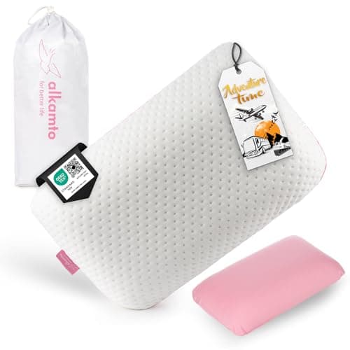 Image of alkamto Travel Pillow - Ergonomic Neck Support Memory Foam with Temperature-Regulating Pillowcase - Includes Extra Cotton Cover and Carry Bag (15,7 x 10,6 x 3,9 In - Pink + Extra Cover)