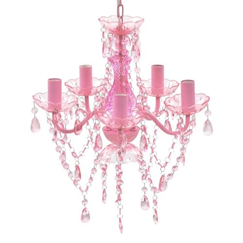 Image of vidaXL 5 Bulbs Pink Crystal Ceiling Light - Artificial Glass Chandelier with Retro Style Design, Curved Acrylic Arms, Sconces and Droplet Beads for Living Room, Bedroom, Dining Room