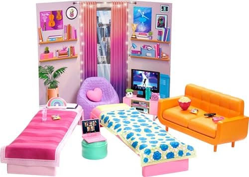 Image of Barbie HDY77 - "Stage Free for Big Dreams" Dorm Playset with 2 Beds, Sofa, Bean Bag, Bedroom Furniture, Decor and Accessories, Gift for Children from 3 to 7 Years