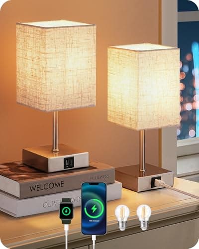 Image of EDISHINE Bedside Lamps Set of 2, 3 Way Dimmable Table Lamps with USB A+C Charging Ports, LED Bulb Included, Touch Lamps for Bedroom, Living Room, Beige Linen Lampshade, 2700K