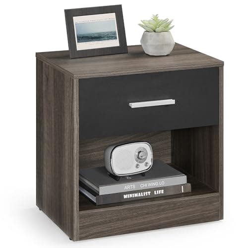 Image of VASAGLE Bedside Table with Drawer, Handle, Open Compartment for Bedroom, Living Room, Chestnut Brown and Ink Black LET619K74