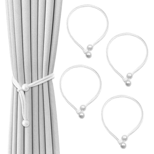 Image of 4 Pcs Curtain Tiebacks, Pearl Curtain Rope Buckle Elegant Weaving Curtain Tiebacks Adjustable Curtain Tie Backs for Home, Office, Living Room, Bedroom (White)