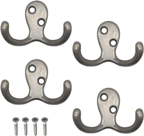 Image of Double Prong Robe Hooks Satin Nickel Dual Coat Hooks Wall Mounted Hanging Clothes for Bathroom Bedroom Door Wall 50mm x 78mm Retro Metal Double Coat Cloth Hanger with Screws 4 Pack.