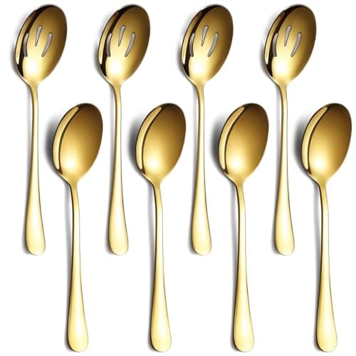 Image of Gold Serving Spoons 8 Pieces, ReaNea Stainless Steel Serving Utensils Set inclunde 4 Serving Spoon 4 Serving Slotted Spoons, Dishwasher Safe