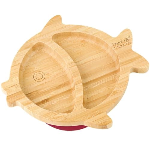 Image of bamboo bamboo Baby Suction Plate for Feeding & Weaning – Eco-Friendly Bamboo Toddler Plate with Secure Suction Base (Hedgehog, Cherry, from 6 Months) (Cherry, Fish)