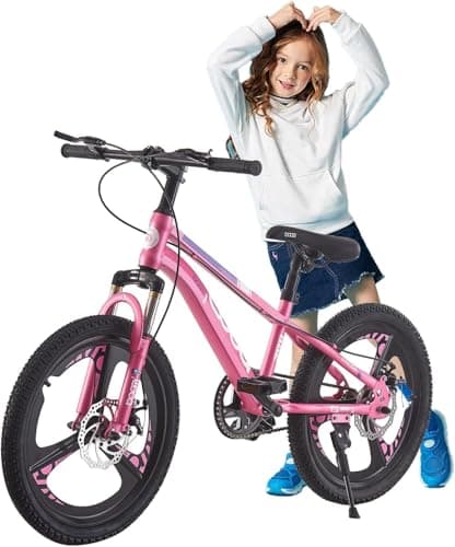 Image of LSBIKE 18/20/22/24 Inch Kids Mountain Bike for Boys and Girls, Junior MTB with Front Suspension, Dual Disc Brakes, Adjustable Seat & Handlebar, 5–14 Years, for Children (pink, 24 inch)