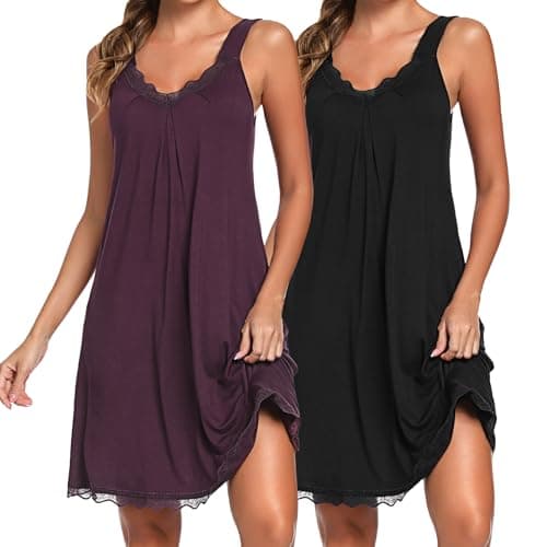 Image of Uniexcosm Women's Nightdresses Sleeveless Nighties Cotton Lace Nightgown V Neck Chemise Sexy Negligee for Ladies Nightshirts Nightwear Loose Plus Size Jersey Lingerie