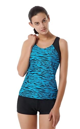 Image of LULUWINGX Women Tankini Swimwear Two Pieces Racerback Bathing Suit Athletic Swimsuit with Boyshorts Wave Black (XX-Large)