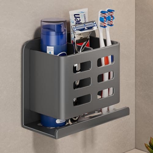 Image of YESENT Grey Wall-mounted Toothbrush Holder, Aluminum Material Shower Shaver Storage Rack, No Drilling Required, Removable Toothpaste Storage Rack