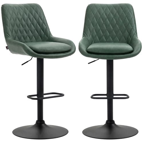 Image of HOMCOM Breakfast Bar Stools Set of 2, Height Adjustable Swivel Barstools, PU Leather Upholstered Bar Chair with Wide Seat, Backrest, Large Base and Footrest for Kitchen, Dining Room, Green