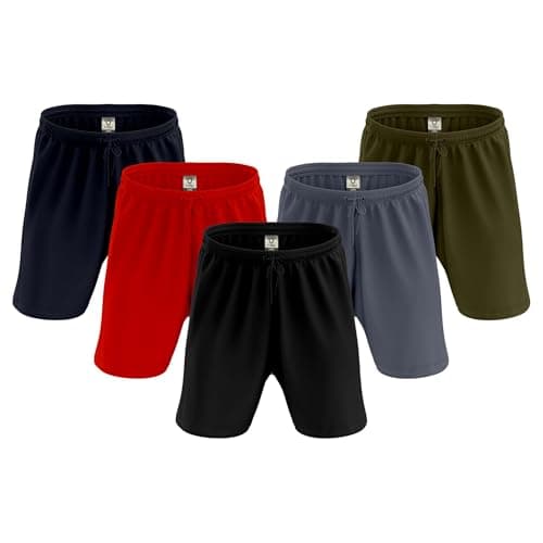 Image of Pack of 3/5 Men Active Wear Shorts Workout Pocket Side Adjustable Waist Draw String Cord Running Gym Training Shorts Lightweight (UK, Alpha, XL, Regular, Regular, 5 PCS Black Grey Navy Olive Red)