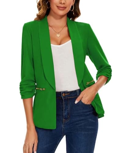 Image of MINTLIMIT Womens Open Front Blazer Suit Jacket 3/4 Ruched Sleeve Blazers Casual Cardigan Outerwear with Zipper Pockets (Grass Green, XXL)