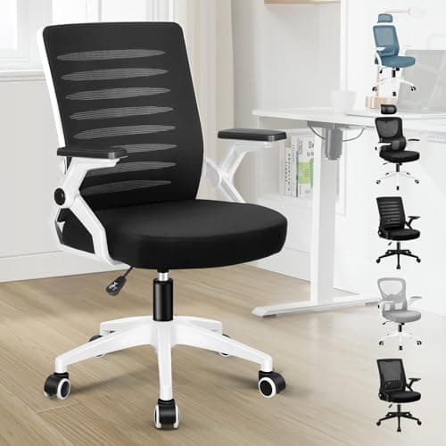 Image of ELFORDSON Ergonomic Office Chair, Mid-back Swivel Desk Chairs for Home Office, Height Adjustable Mesh Computer Chair with 90° Flip-up Armrest and Padded Seat Cushion, Black & White