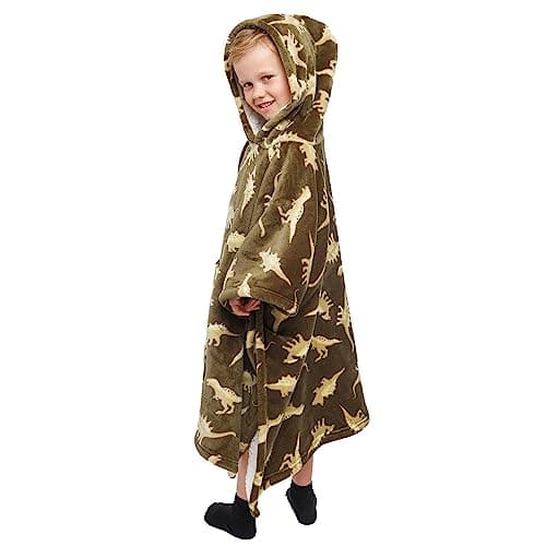 Image of Bedlam - Dinosaur Oodies for Kids (75 x 92.5cm) - Soft & Cosy Fleece Blanket Hoodie with Dinosaurs - Dinosaur Bedroom Accessories - Dinosaur Poncho in Green - Dinosaur Fleece Hoodie for Kids