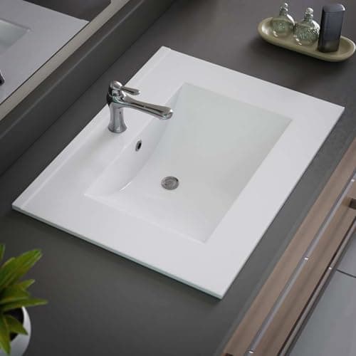 Image of Inset Bathroom Basin Ceramic Sink Bowl Cloakroom Basins, Single Tap Hole Overflow Countertop Basin, Cabinet Mounted Bathroom Sinks Basin Modern Vessel Sink Wash Bowl 600mm