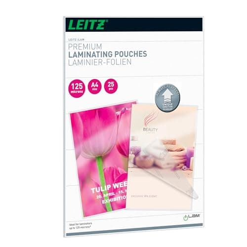 Image of Leitz 74820000 Laminating Pouches Made of 125 Micron Thick Materia (Transparent, Glossy, A4 and UDT) - Pack of 25