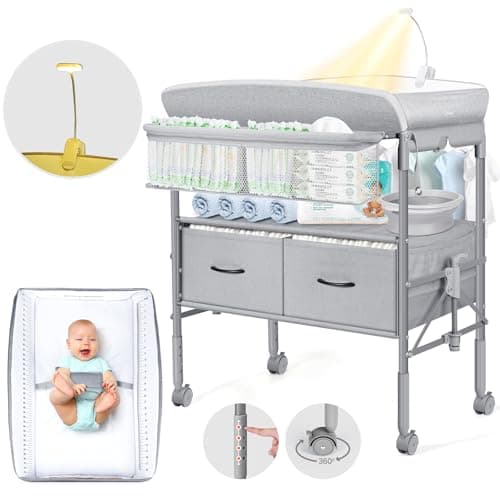 Image of Orzbow Baby Changing Table with Drawers, Foldable Baby Changing Unit with Warm Light, Height Adjustable, Spacious Storage, Foldable Baby Changing Station, Grey