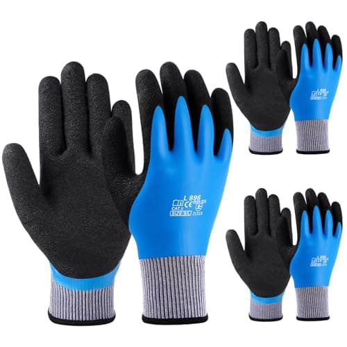 Image of flintronic Waterproof Work Gloves, 3 Pairs Ultra-Grip Work Gloves Non-Slip Latex Coated Versatile for Gardening, Car Washing, Fishing, Cleaning, Outdoor Tasks, Blue, L