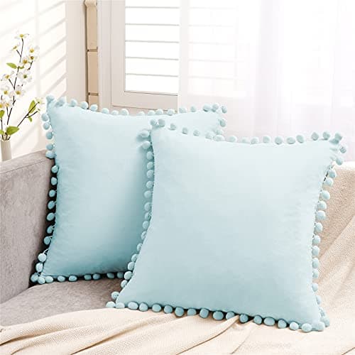 Image of Topfinel Cushion Covers,Sofa Boho Scatter Cushions Cover 50cm x 50cm,Duck Egg Blue Velvet Pompom Cushions Accessories 20x20,Decorative Square Pillows Covers with Invisible Zipper for Bedroom,Pack of 2