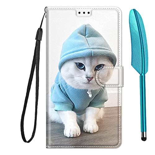 Image of Knoowcase for Nokia C12 Case Shockproof Wallet Flip PU Leather Silicone Protective Bumper Case with Card Holder Magnet Kickstand for Nokia C12 Case & 1 Touch Pen, Blue Cloth & Cat