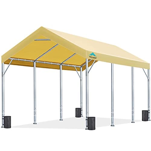 Image of ADVANCE OUTDOOR 12x20 ft Canopy Garage Heavy Duty Carports Car Boat Shelter Party Tent, Adjustable Peak Height from 9.5ft to 11ft, Beige