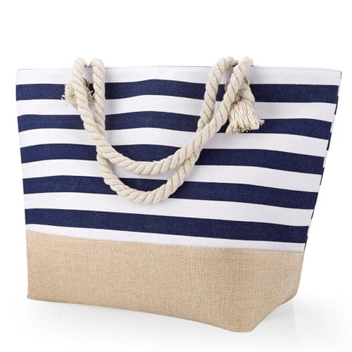 Image of ViEinkaufen Waterproof Beach Bag,Beach Bags for Women with Zipper,Summer Tote Bags Canvas Stripe Travel Bag Reusable Shopping Shoulder Handbags for Pool Gym Picnic Holiday Essentials (Navy Blue)