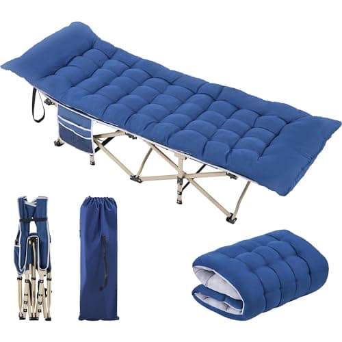 Image of Yaheetech Folding Camping Cot Portable Outdoor Bed for Adults w/Mat & Storage Bag & Carry Bag, Heavy Duty Cots for Outdoor Travel & Office/Home Nap Blue Cot/Blue Pad