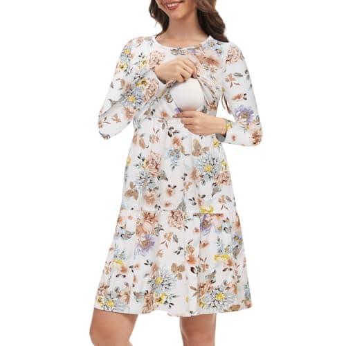 Image of Bearsland Women’s Long Sleeve Nursing Dress Breastfeeding Dresses Pregnancy Dress with Pocket, Brown Flowers, XL