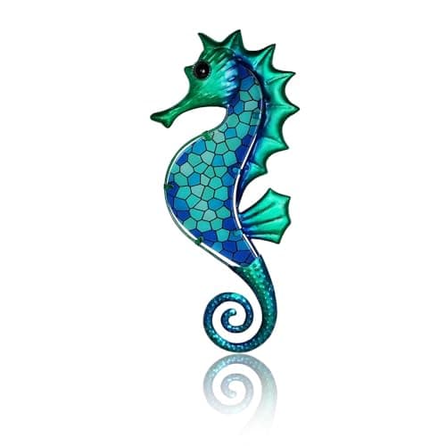 Image of Liffy Seahorse Metal Wall Art Decor, Blue Sea Life Hanging Sculpture, Beach Theme Wall Artwork Decorations for Indoor Outdoor (Blue mosaic seahorse)