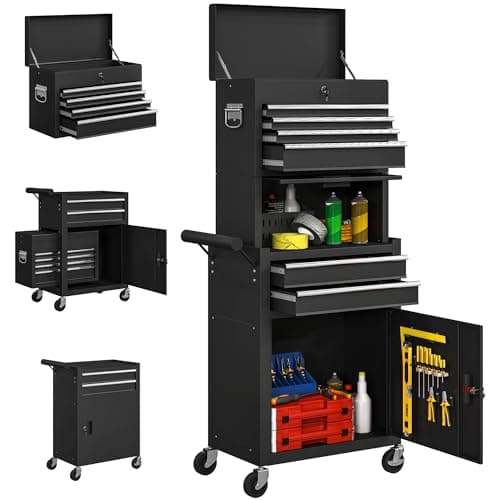 Image of HOMCOM Lockable Tool Cabinet, 3-in-1 Rolling Tool Chest Combo with 6 Drawers and Pegboard, Detachable Steel Tool Storage Cabinet for Garage and Workshop, Black