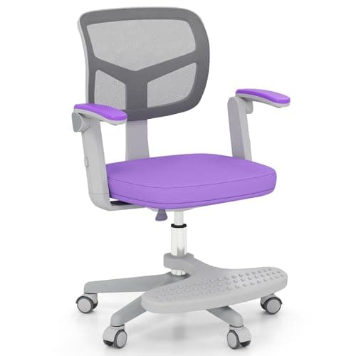 Image of COSTWAY Kids Computer Desk Chair, Ergonomic Children Task Study Chairs with Lumbar Support, Adjustable and Swivel Mesh Chair for School Home Office (with Footrest, Purple)