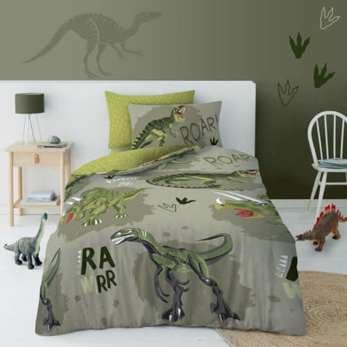Image of Lions Single Duvet Cover Set - Dinosaur Bedding For Kids Boys Girls - Reversible Animal Printed Quilt Covers with Matching Pillowcase, T-Rex Dino Pattern, 137x200cm