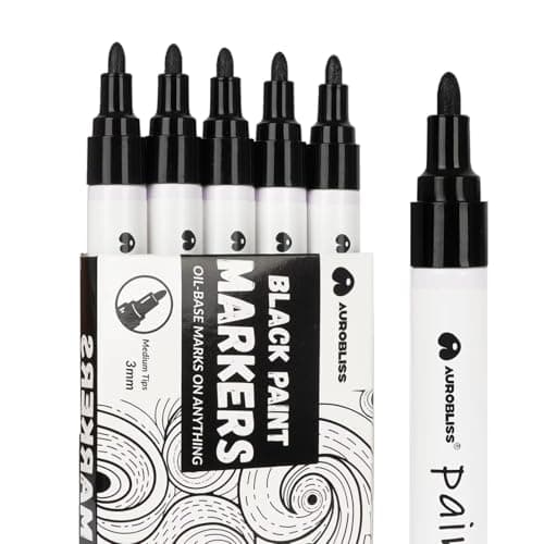 Image of Aurobliss Black Paint Pens Paint Markers 5pcs, Oil Based Permanent Marker Pens for Plastic, Wood, Metal, Fabric, Glass, Rocks Painting Waterproof