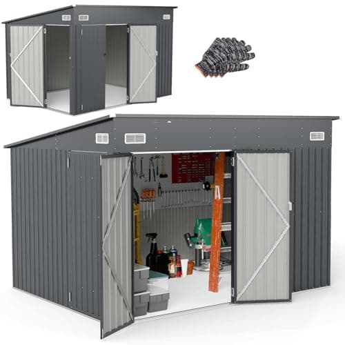 Image of COSTWAY 8 x 4ft/8 x 6ft/10 x 8ft Galvanized Metal Garden Shed with 2 Front Doors & Side Door, Safety Locks, Keys, Sloping Roof & Air Vents, Weatherproof Tool Storage Shed House (10x8ft, 299x225x197cm)