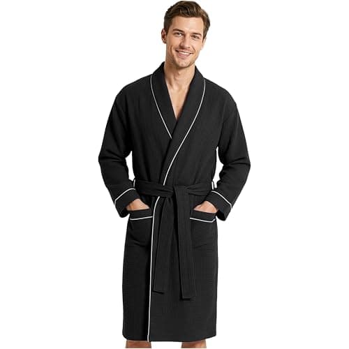 Image of Get Trend Men’s Waffle Bathrobes M-3XL, Shawl Collar Robes, Lightweight Men’s Dressing Gown, Cosy Housecoat Loungewear, Gifts for Him (L, Black)