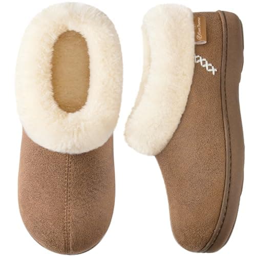 Image of EverFoams Women's Microsuede Fuzzy Plush Lined Slippers with Cozy Memory Foam Tan,Size 3-4 UK