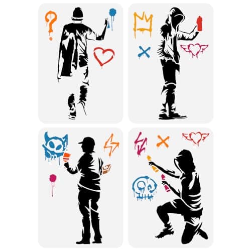 Image of FINGERINSPIRE 4PCS Banksy Man with Doodel in Hat Painting Stencils 21x29.7cm Reusable Man with Doodel in Hat for Large Street Graffiti Art Templates Banksy Theme Stencils,(DIY-WH0394-0126-EU18)