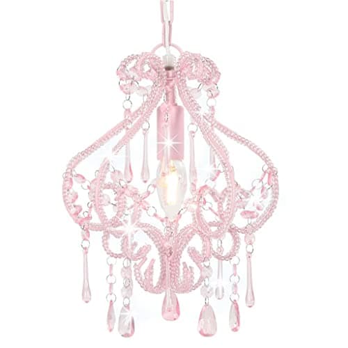 Image of vidaXL Ceiling Pendant Lamp, Bulbs E14, 24x32 cm, Pink Metal Base with Acrylic Beads, Bedroom Lamp Elegant Chandelier for Bedroom and Living Room, Hanging Light Fixture