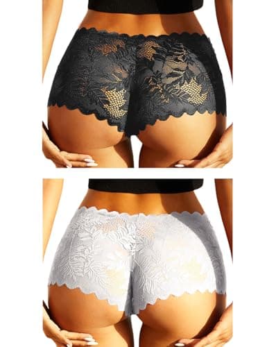 Image of FULLJOYLOVE Women's Sexy Lace Mesh Hollow Panties Seamless Knickers Ladies Stretchy Low Rise Bikini Briefs Hipster Lace Underwear for Female Black White 2 Pack UK 12