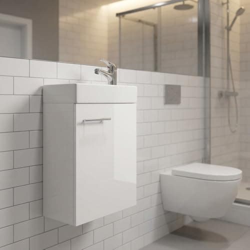 Image of TRANS - PAL 400mm Wall Hung Vanity Unit with Wash Basin, Storage Cabinet – Gloss White Bathroom Sink Furniture