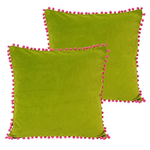 Image of Paoletti Velvet Pompom Polyester Filled Cushions (Twin Pack), Green/Fuchsia, 45 x 45cm