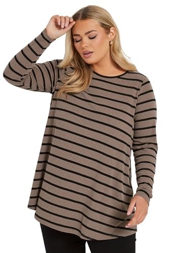 Image of Yours Curve Stripe Ribbed Long Sleeve Swing Top - Women's - Plus Size Curve Brown