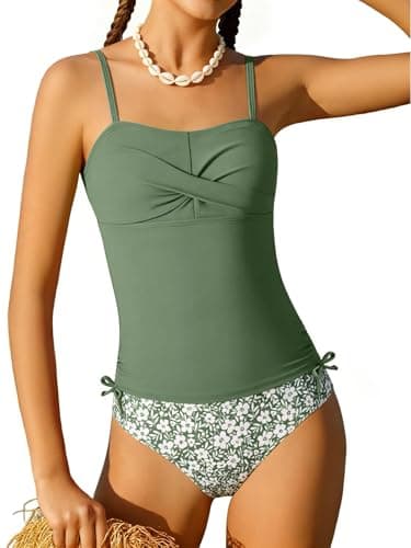 Image of KOMEIANA Girls Tankini SwimsuitCriss Cross 2 Piece Bathing Suit Ruched Drawstring Printed Girl Swimwear for Teens 9-16Y